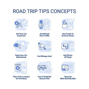 Road trip tips light blue concept icons set