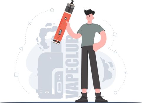 A man holds an electronic cigarette in his hands. Flat style. The concept of vapor and vape. Vector illustration.