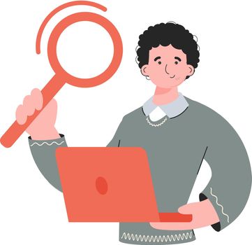 The guy is waist-deep holding a computer and a magnifying glass. Isolated. Element for presentations, sites.