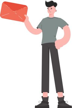 A man stands in full growth holding an envelope with a letter. Isolated. Element for presentations, sites.