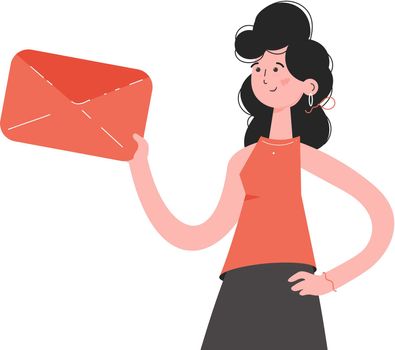 A woman stands waist-deep and holds an envelope with a letter. Isolated. Element for presentations, sites.