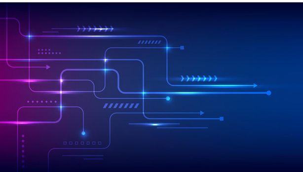 Abstract technology connection data concept circuit lines board with nodes and geometric elements lighting effect on blue background. Vector illustration