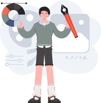 Man standing full length with color wheel and pen tool. Creation. Element for presentations, sites.