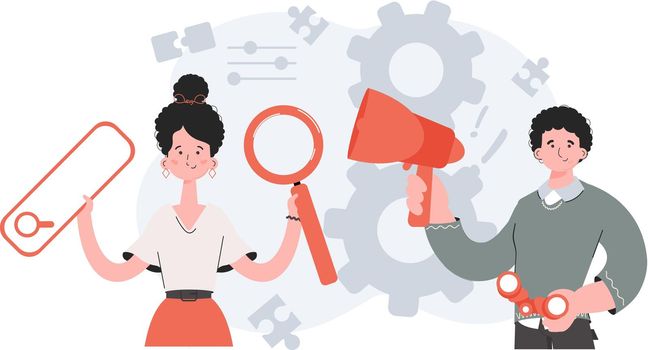 A man and a woman stand with a belt and hold a loudspeaker and a web search bar. Human resource. Element for presentations, sites.