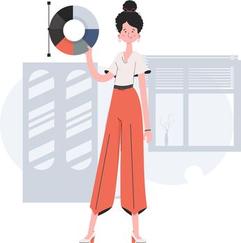 A woman stands in full growth with a color wheel. Design. Element for presentations, sites.
