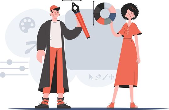 A man and a woman stand in full growth and hold a color wheel and a pen tool. Design. Element for presentations, sites.