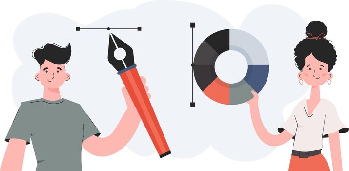 A man and a woman stand with a belt and hold a pen tool and a color wheel. Design. Element for presentations, sites.