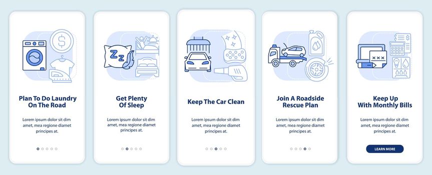 Road trip recommendations light blue onboarding mobile app screen