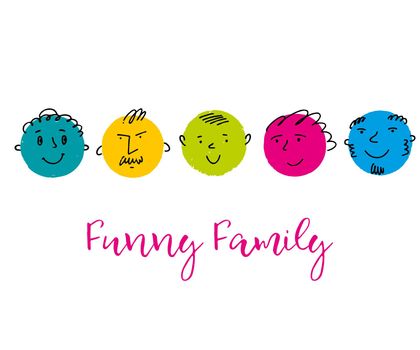 Funny hand drawn crayon style Faces. Cute emotions family set. Childish style family illustration. Mother, father, grandfather, grandmother and son portrait.