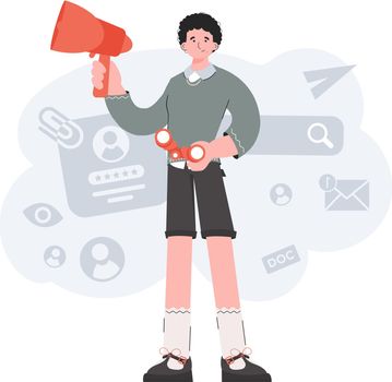 A man stands in full growth and holds a loudspeaker in his hands. HR theme. Element for presentations, sites.