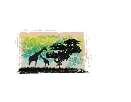 grunge Background with African fauna and flora