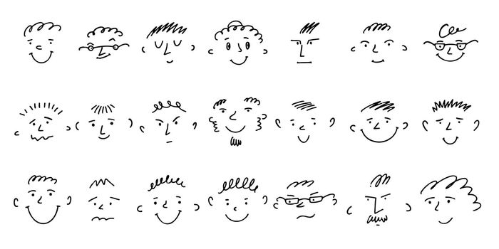 Sketch Funny Faces emotions collection. Childish crayon style drawing different people heads.