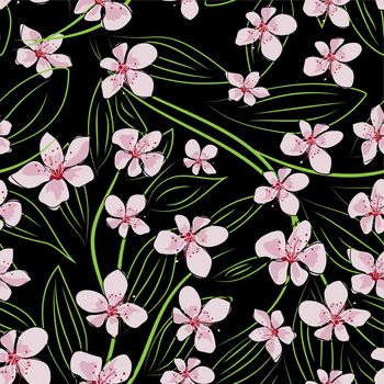 Vintage japanese illustration with sakura for wallpaper design. Seamless vector texture. Abstract flower illustration. Botanical wallpaper. Fabric print texture. Cherry blossom pattern