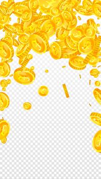 British pound coins falling. Nice scattered GBP coins. United Kingdom money. Imaginative jackpot, wealth or success concept. Vector illustration.
