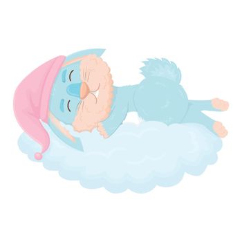 Cute blue hare sleeps on a cloud wearing a sleep cap