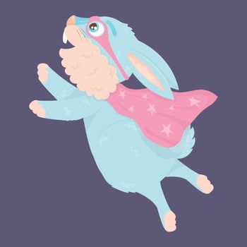 Cute blue hare superhero in mask and cape flying