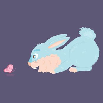 A cute blue hare looks at a small pink butterfly