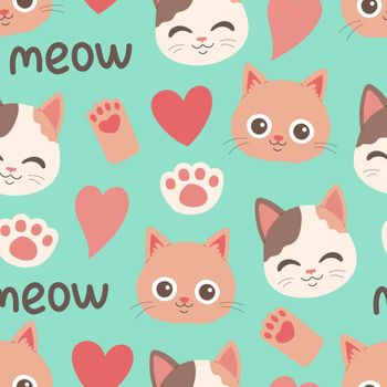 Cat muzzle and paw seamless pattern vector