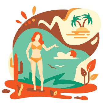 Paradise Island , beach girl presenting summer vacation, Travel agency presentation template. Vector illustration