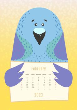 2023 february calendar, cute pigeon bird holding a monthly calendar sheet, hand drawn childish style