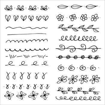 Collection of scribble design element of sketch underlines and signes. and textured strokes. Handdrawn decorative underline borders vector strokes. Doodles.