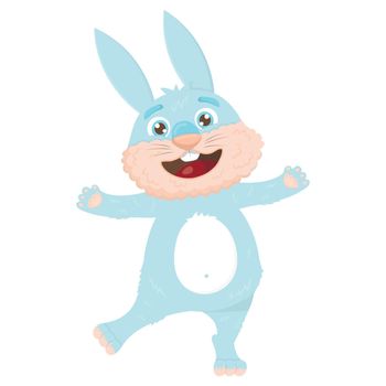 Cute blue hare laughs and jumps for joy
