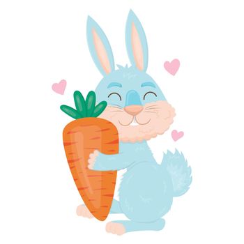 Cute blue hare hugging a big carrot