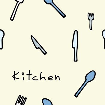 Pattern with kitchen knives, forks, spoons, cutlery on a yellow background and lettering Kitchen.