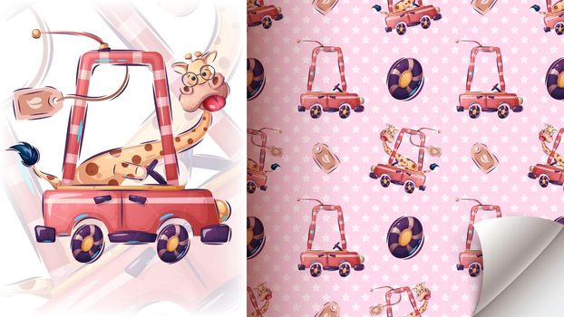 Giraffe travel in the car poster and merchandising