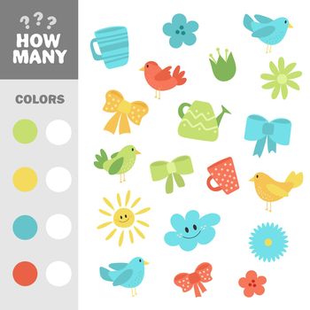 Count how many items with color. Vector educational game. Cute spring elements