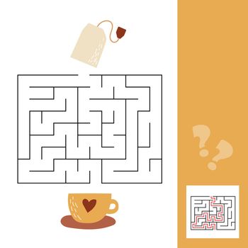 Cup and tea bag. Vector maze game with solution for preschool kids