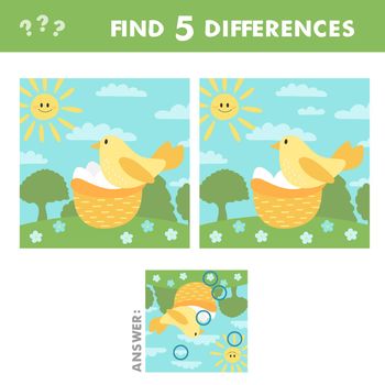 Find differences game for children. Activity page with funny bird, nest and eggs