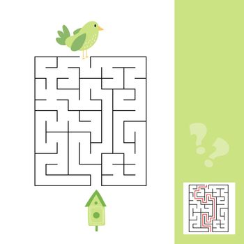Maze game. Cartoon bird and birdhouse. Kids educational page
