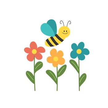 Cute bee with flowers on white background. Vector for kids