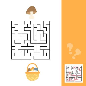 Maze game for kids. Funny labyrinth. Education developing worksheet. Mushrooms and basket. Puzzle for children. Activity page with answer