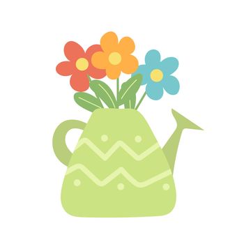Flower bouquet in the watering can. Cute springtime hand drawn illustration