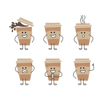 Set of cute coffee cups isolated on white - cartoon characters for funny design