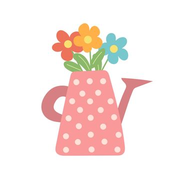 Flower bouquet in the watering can. Cute springtime hand drawn illustration