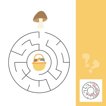 Maze game for kids. Funny education developing worksheet. Mushrooms and basket. Puzzle for children. Activity page with answer. Round labyrinth game