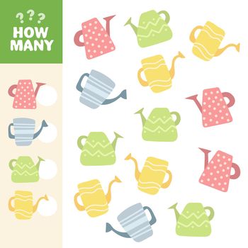 Matching game with watering cans. Garden math activity for preschool children
