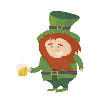 Irish leprechaun in green suit and hat with beer isolated. St. Patricks day