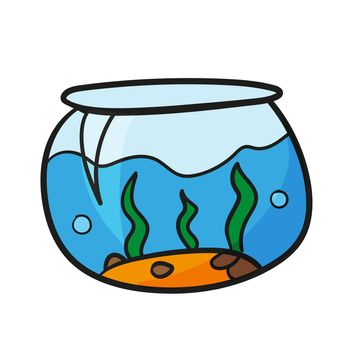 Aquarium glass bowl with water in cartoon style. Vector hand drawn illustration