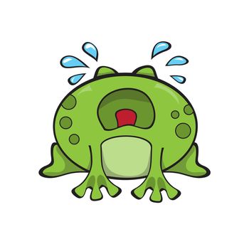 Cute sad frog sitting and crying. Green funny cartoon frog character
