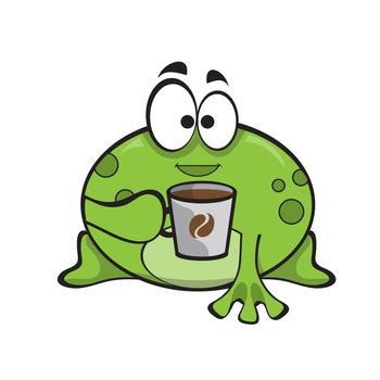 Cute frog with hot coffee. Cute cartoon animal illustration.