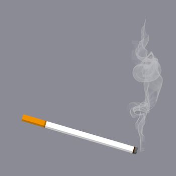 Burning cigarette with smoke vector illustration on gray background. Cigarette icon. EPS