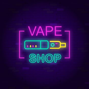 Vape shop neon sign. Neon advertising signboard. Night glowing banner for vape store. Vector illustration. EPS