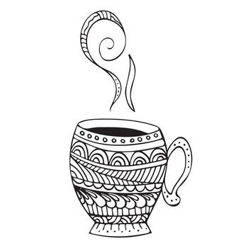 Zen doodle art cup with hot steam. Zentangle style for the adult coloring book on white background. A ntistress Hand drawn zendoodle. Vector illustration. Ornate cup.