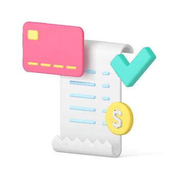 Curved realistic successful payment document coin credit card and checkmark 3d icon template vector