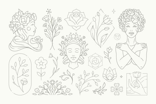 Cute elegant feminine botanical monochrome icon set vector illustration. Linear floral logotype