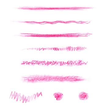 Brush pencil Set of pink watercolor strokes and line. Collection design elements
